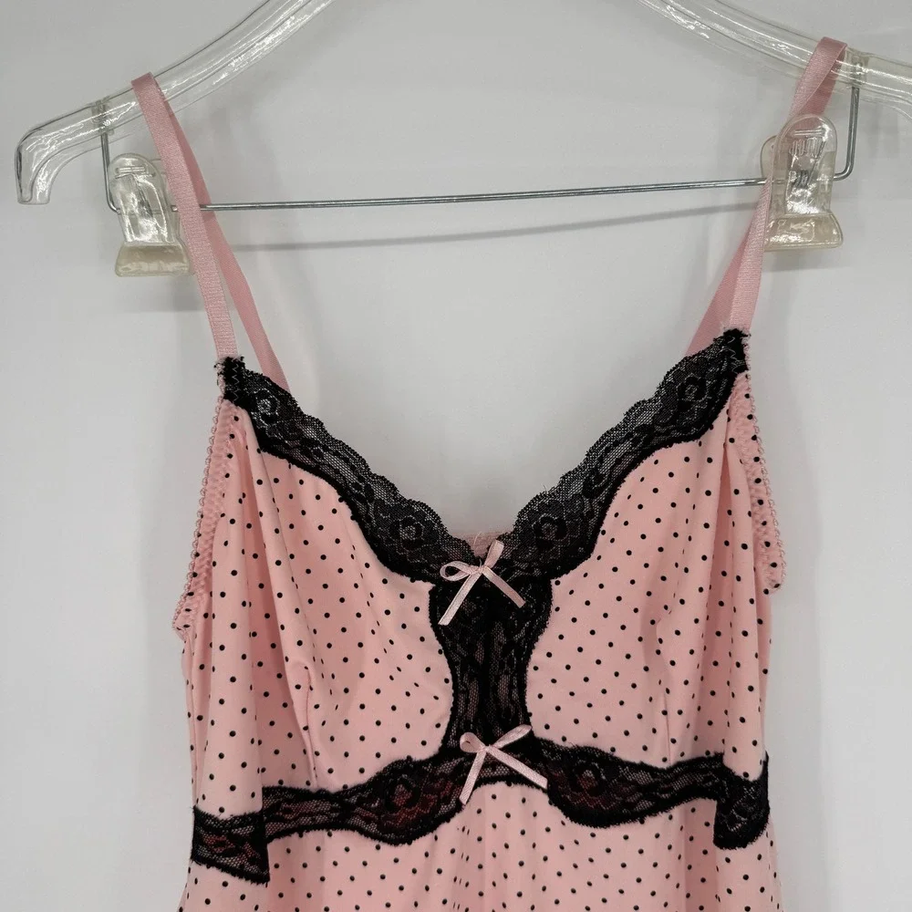 Polka Dot Babydoll Pajama Set Sz L Pink Lace Trim Coquette Balletcore Sleepwear‎